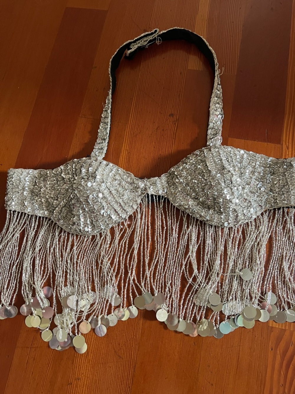 Silver Sequin beaded Fringe costume Bra Top hand crafted Arabian nights